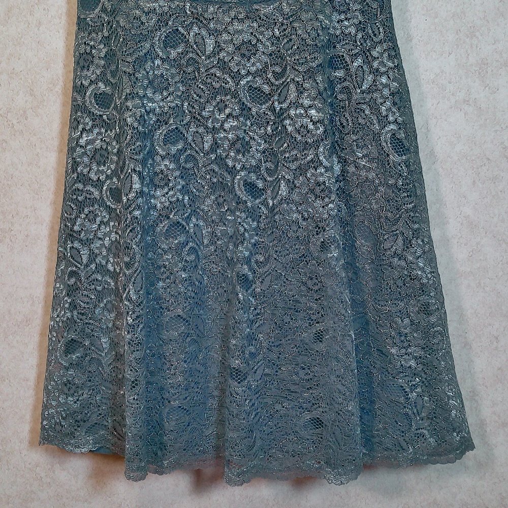 NWT David’s Bridal Steel Blue Short Lace Dress High Neck,V-Back, Lined Size 8 - Picture 3 of 16